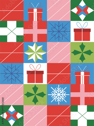 Festive abstract holiday texture pattern, composed of geometric snowflakes, gift boxes, and colorful stars.