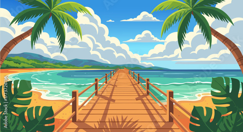 Tropical beach illustration wooden pier, calm blue ocean, palm trees, lush plants, bright cloudy sky. Perfect for summer vacation
