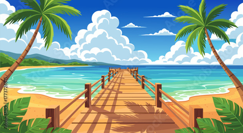 Tropical Beach Scenery with Pier and Palm Trees Illustration