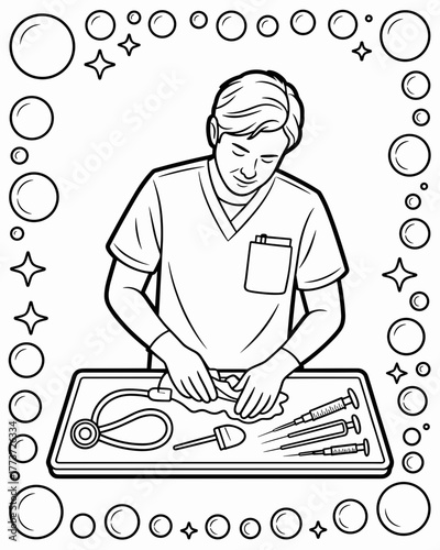 Coloring page of doctor: Male medical professional in scrubs cleaning and sterilizing instruments, surrounded by bubbles and sparkles (line art).