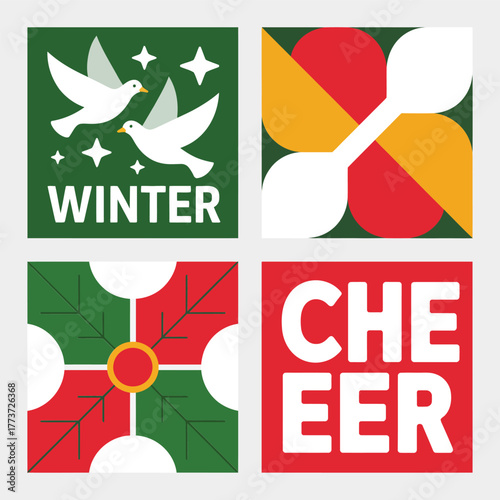 Vector block concept abstract geometric illustration, featuring winter cheer typography and peace doves symbols.
