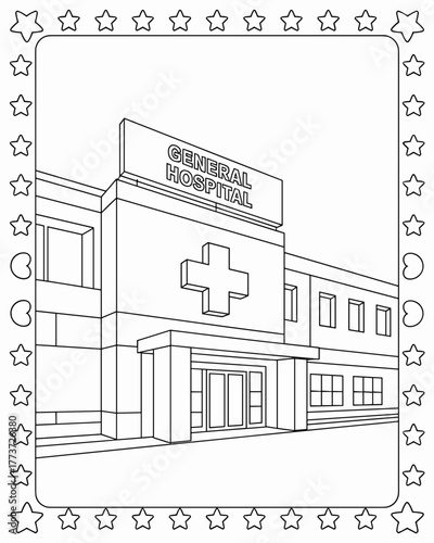Coloring page of doctor: Detailed line drawing of a modern hospital building with a cross symbol and a border of stars.