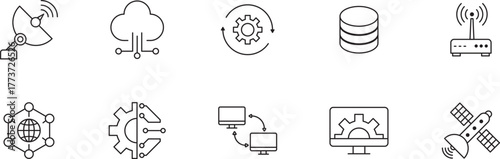 Technology and digital system icon set in clean outline style representing innovation, data process, and modern software concept