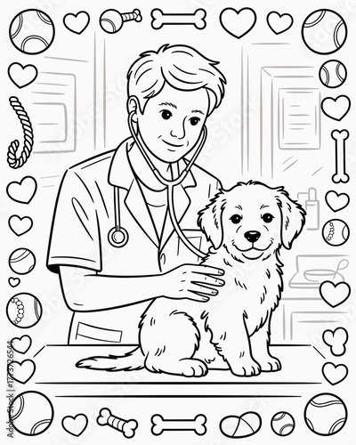 Coloring page of doctor veterinarian examining a puppy with a stethoscope, black and white line drawing with a decorative border of hearts, bones, and other petrelated items