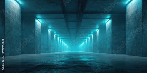 Futuristic concrete tunnel with blue neon lights and wet floor