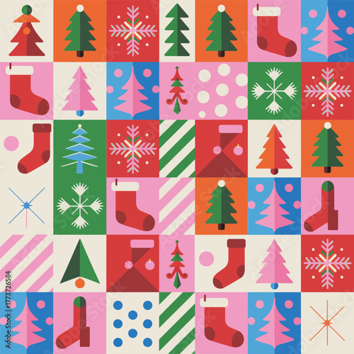 Abstract holiday texture pattern composed of geometric trees, stockings, snow, and various festive shapes.