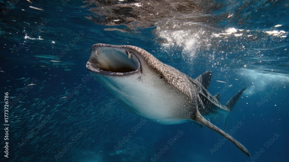 Fototapeta premium A whale shark swims with its mouth open in clear water, surrounded by small fish. A spectacular feeding scene in its natural habitat.