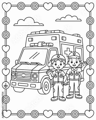 Coloring page of doctor two medical professionals, a doctor and a paramedic, stand in front of an ambulance, smiling, with a border of hearts and medical symbols