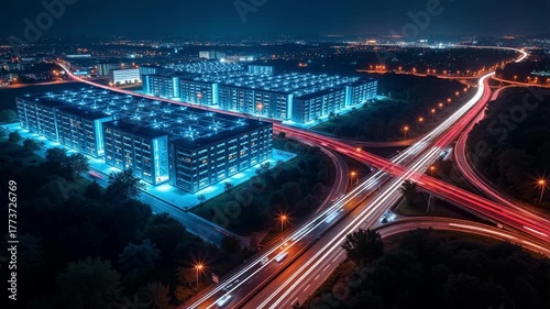 Dynamic data center footage overlooking highway at night, light trails visualize data and traffic flow, modern technology, high altitude 4k time lapse video