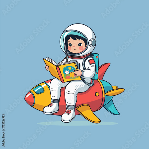 A charming illustration of a joyful astronaut sitting atop a rocket, flipping through a large book filled with illustrations of intergalactic adventures, while curious stars peek over to see the pages