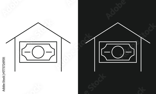 Minimalist Home Finance Line Art Icon, Simple House with Banknote Symbol, Modern Vector Graphic for Real Estate, Mortgage, Property Investment, and Housing Costs, Black and White Versions.