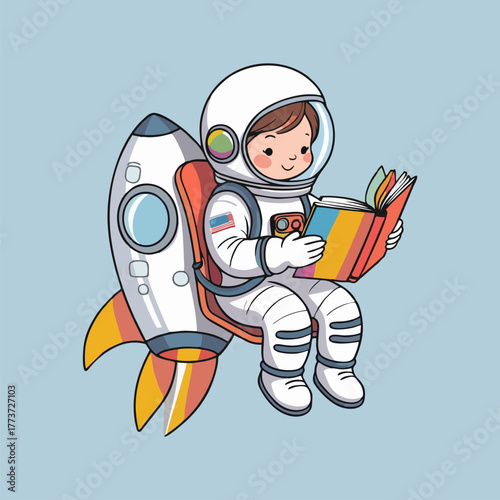 A charming young pilot is presented concentrating deeply upon a fascinating science text situated prominently near an impressive metallic spacecraft.
