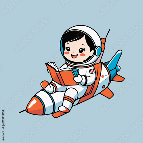 The playful little spaceman is calmly observed studying an important reference volume balanced safely atop a large painted science missile.