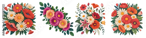 Four floral arrangements with daisies, poppies, lilies, and gerbera flowers on a transparent background