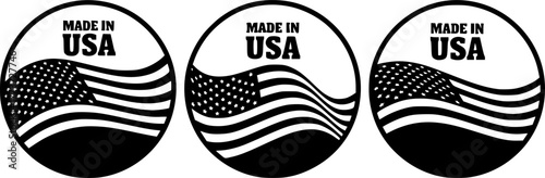 Three circular made in usa badges featuring the american flag on a white background, made in usa, usa, american flag, flag, badge, emblem, sticker, label, patriotic, patriot, united states, america