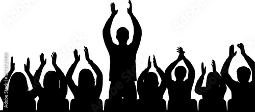 Silhouettes of people clapping and one person with raised arms, clapping, applause, audience, crowd, people, silhouette, standing, celebration, success, approval, agreement, praise, recognition, event