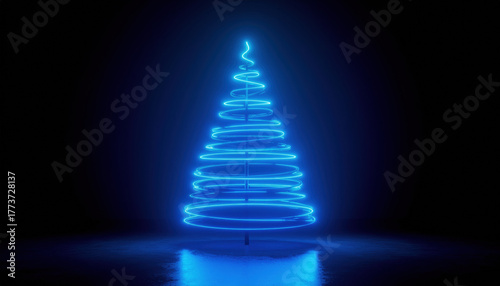 Glowing blue neon Christmas tree spiral on dark background creates festive and modern holiday atmosphere
