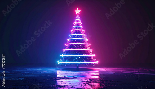 Glowing neon Christmas tree with vibrant pink and blue lights stands on reflective surface, creating festive and modern holiday atmosphere