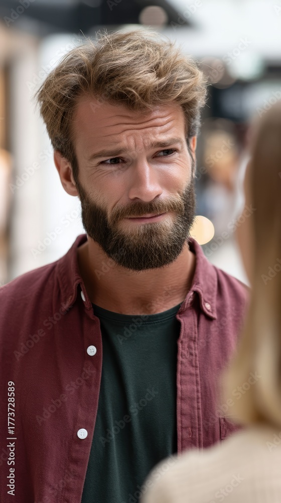 Naklejka premium Bearded man looking at woman with skeptical yet amused expression, candid emotional portrait, ideal for relationship, communication, or editorial concepts.
