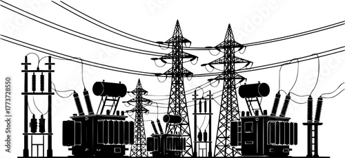 Silhouette Illustration Of Electrical Substation With Transformers And Power Lines For Industrial Energy Concepts, electrical substation, power plant, silhouette, transformer, electricity