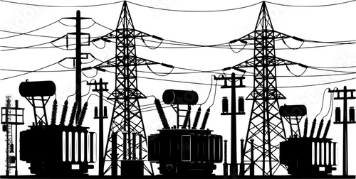 Silhouette Illustration Of Electrical Substation With Transformers And Power Lines For Industrial Energy Concepts, electrical substation, power plant, silhouette, transformer, electricity