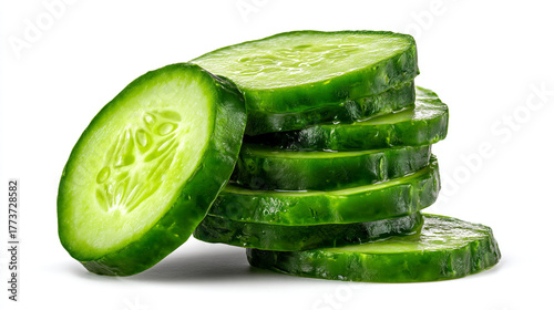 Stack of cucumber slices with a single slice leaning against the stack on white