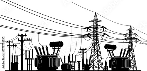 Silhouette Illustration Of Electrical Substation With Transformers And Power Lines For Industrial Energy Concepts, electrical substation, power plant, silhouette, transformer, electricity