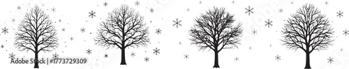 Winter bare trees with snowflakes vector illustration in black and white silhouette style, symbolizing cold season nature and minimal landscape design