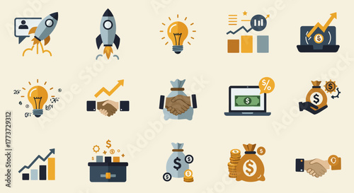 Inspiring collection of business icons symbolizing innovation, growth, and financial prosperity. Perfect for presentations, websites, and marketing materials that convey success and opportunity.