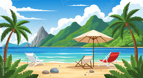Beautiful Tropical Beach Scene with Palm Trees, Lounge Chairs, and Umbrella Under a Sunny Sky with Lush Green Mountains in the Background