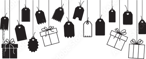 Gift boxes and hanging tags vector illustration in black and white minimal style for sale, celebration, and holiday decoration