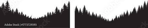 Black silhouette of pine tree forest forming natural mountain valley shape on white background, dense evergreen woodland landscape illustration,