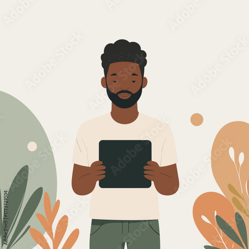 Black man using tablet calmly in soft botanical setting, relief of missing out, digital detox, cozy solitude, slow living – words + concept