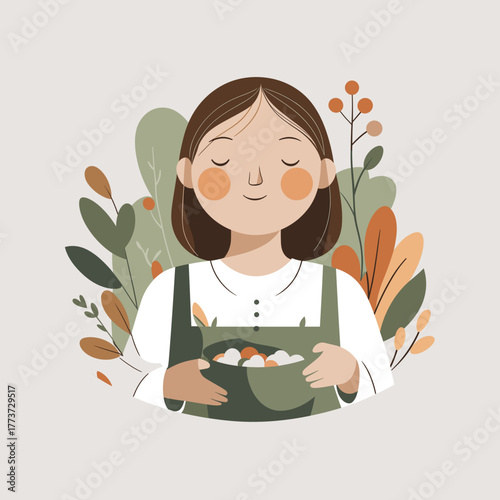 Smiling woman holding bowl peacefully against autumn leaves, relief of missing out, digital detox, cozy solitude, slow living – words + concept