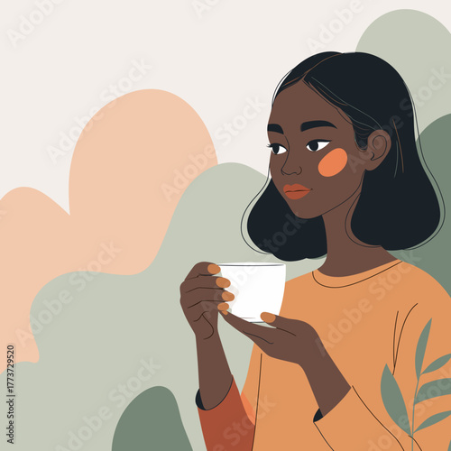 Black woman holding cup calmly against abstract pastel background, relief of missing out, digital detox, cozy solitude, slow living – words + concept