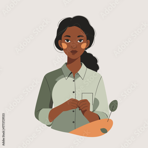Black woman buttoning shirt calmly against neutral background, relief of missing out, digital detox, cozy solitude, slow living – words + concept