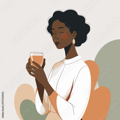 Black woman holding cup peacefully against soft abstract background, relief of missing out, digital detox, cozy solitude, slow living – words + concept
