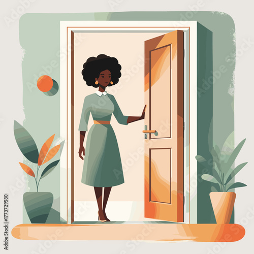 Black woman opening door calmly in cozy interior, relief of missing out, digital detox, cozy solitude, slow living – words + concept