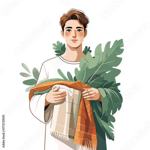White man holding blanket peacefully with green leaves, relief of missing out, digital detox, cozy solitude, slow living – words + concept