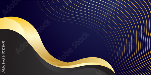 Luxury style abstract background combination of dark blue and black with gold wave accents and thin wavy lines