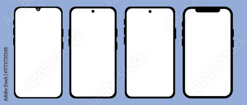 A clean vector set showing four different modern mobile phone screen layouts. Includes teardrop notch, punch-hole, and a wider notch design. Ideal for showcasing app or web designs in tutorials.