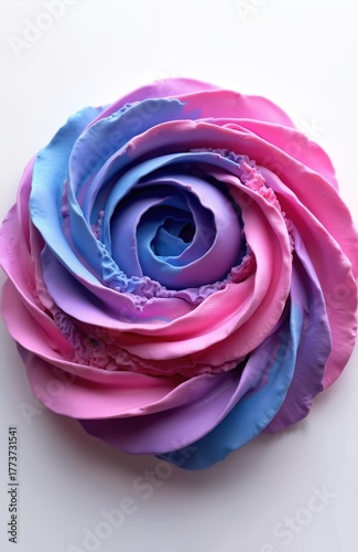 Swirling colorful frosting forms rose shape. Pink, purple, blue cream layers create sweet dessert topping texture. Abstract food graphic, great for bakery ads.