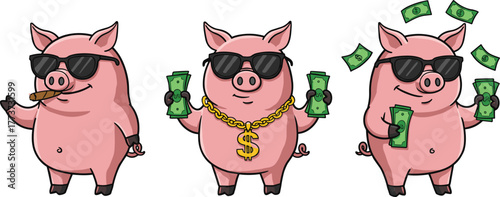 Cartoon rich pigs with money, funny animal characters holding cash and cigar, wealth luxury illustration, humorous design, cad drawing flat vector illustration