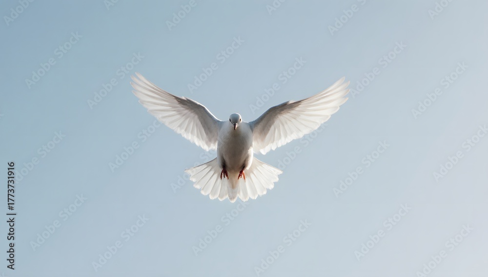 Obraz premium White dove flying upward against clear blue sky.