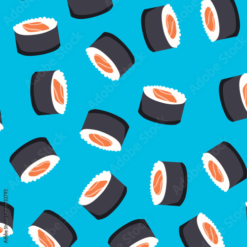 Sushi seamless pattern, hand drawn. Traditional Japanese Asian food. Vector design for seafood sushi wrapping textile fabric print.
