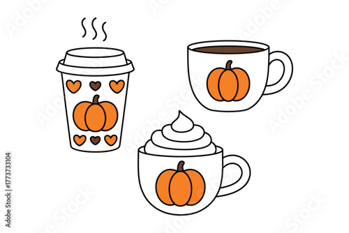 Three cups of coffee, one with whipped cream, feature a pumpkin design for a fall theme.