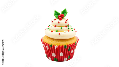 Festive cupcake decorated with white frosting, colorful sprinkles, and holly leaves, perfect for holiday celebrations