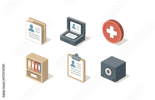 isometric icon items isolated on white background filing patient records ledger filing patient records scan workstation filing patient records privacy seal filing patient records shelf