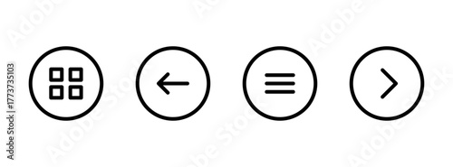 Menu icons, Circular interface icon set, menu arrow and grid icons, navigation vector illustration.