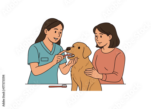veterinarian demonstrating teeth brushing technique pet owner education and home care guidance flat vector illustration style isolated on white background